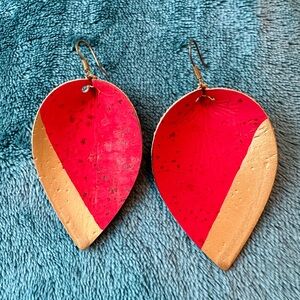 Red and Gold Leather Leaf Earrings